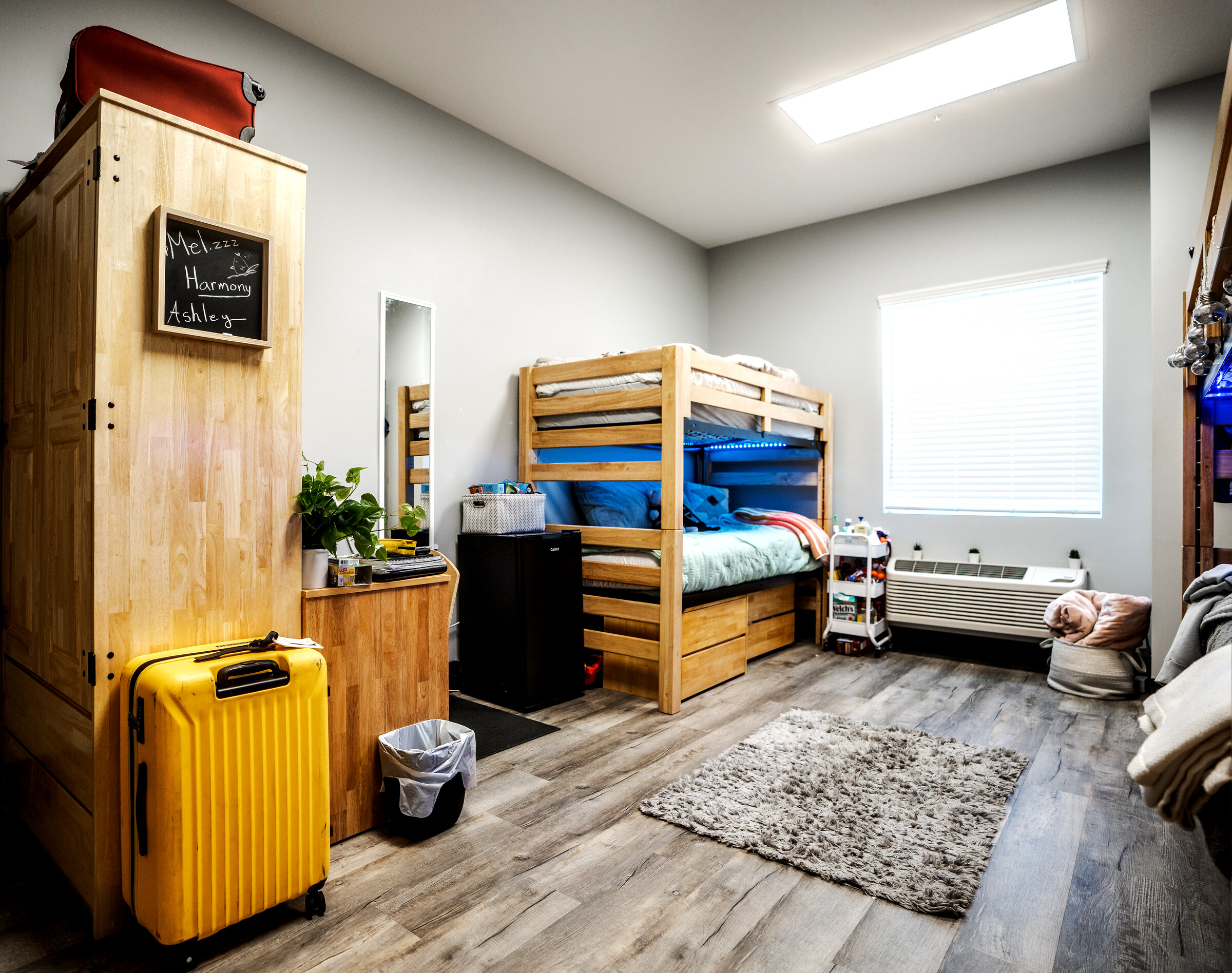 Modern student dormitory room with organized living space