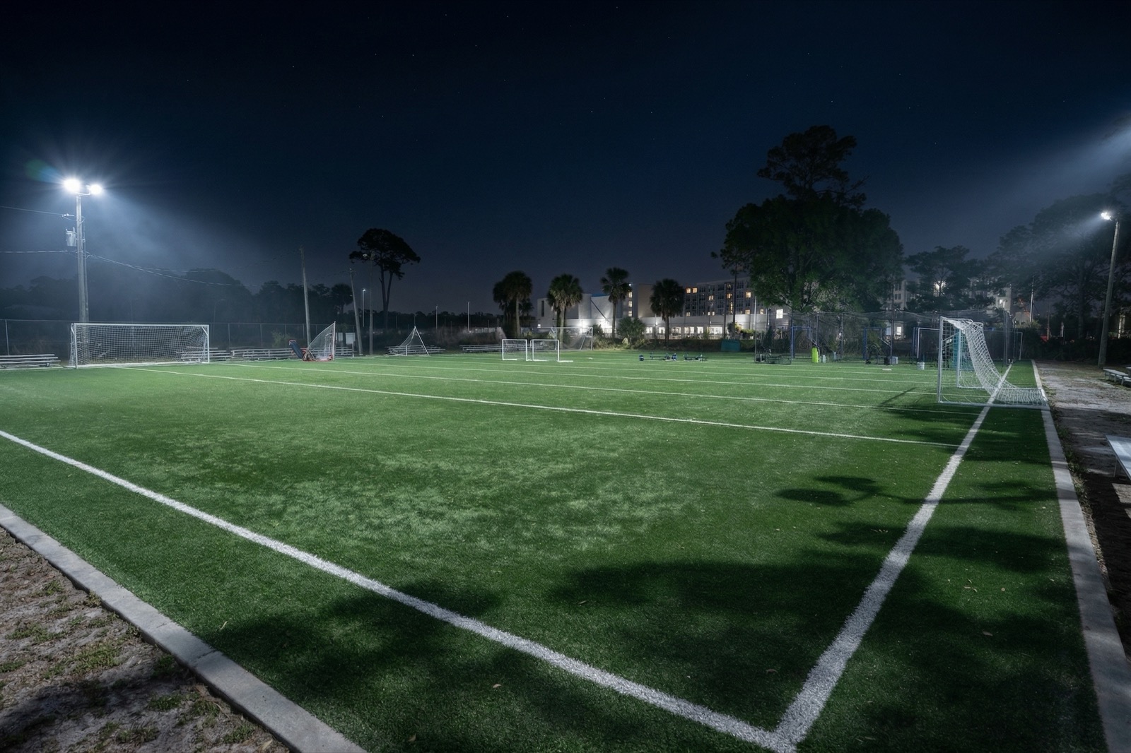 Floodlit artificial turf soccer field at night